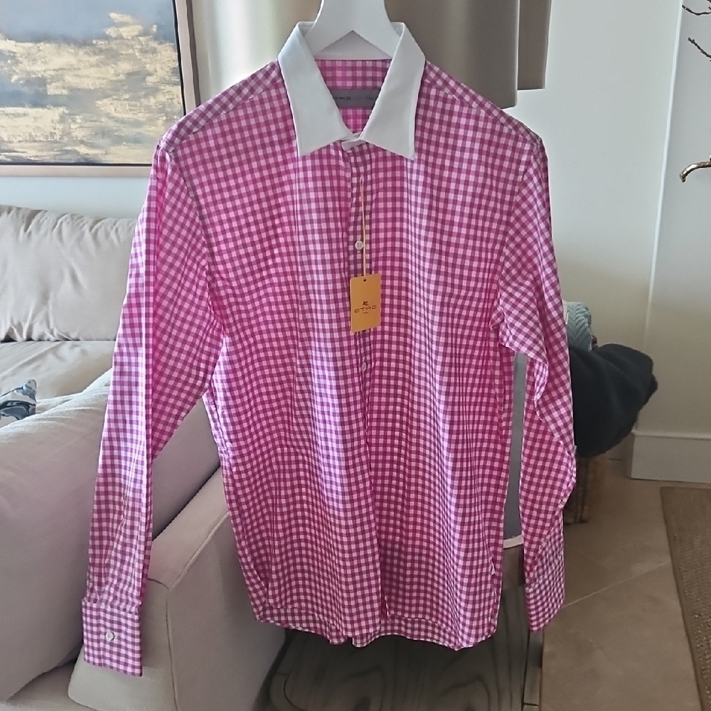 Etro Pink and White Gingham Dress Shirt